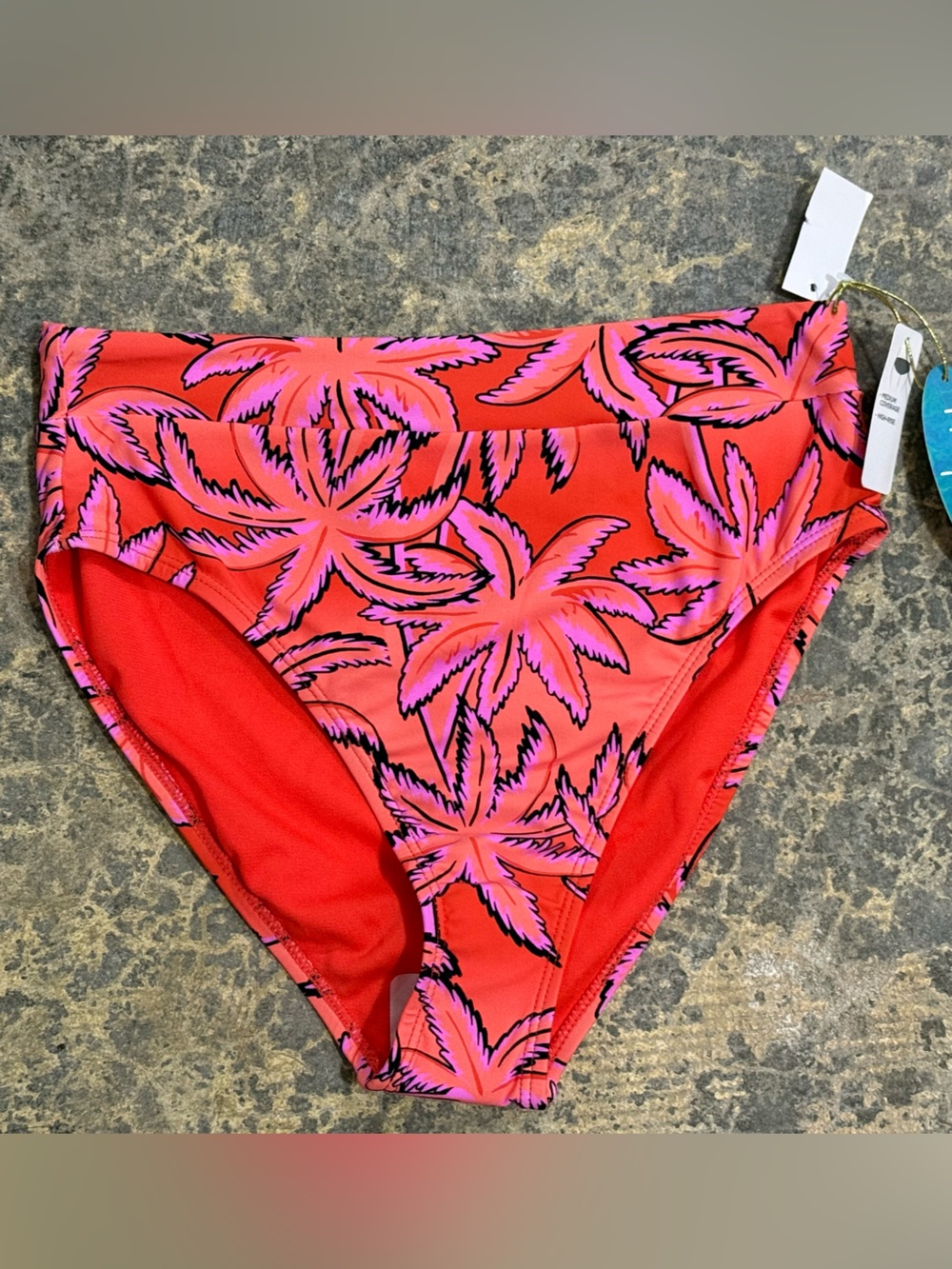 Mynah Woman’s S Coral Pink Tropical Palm Bikini Bottom Medium Coverage High-Rise